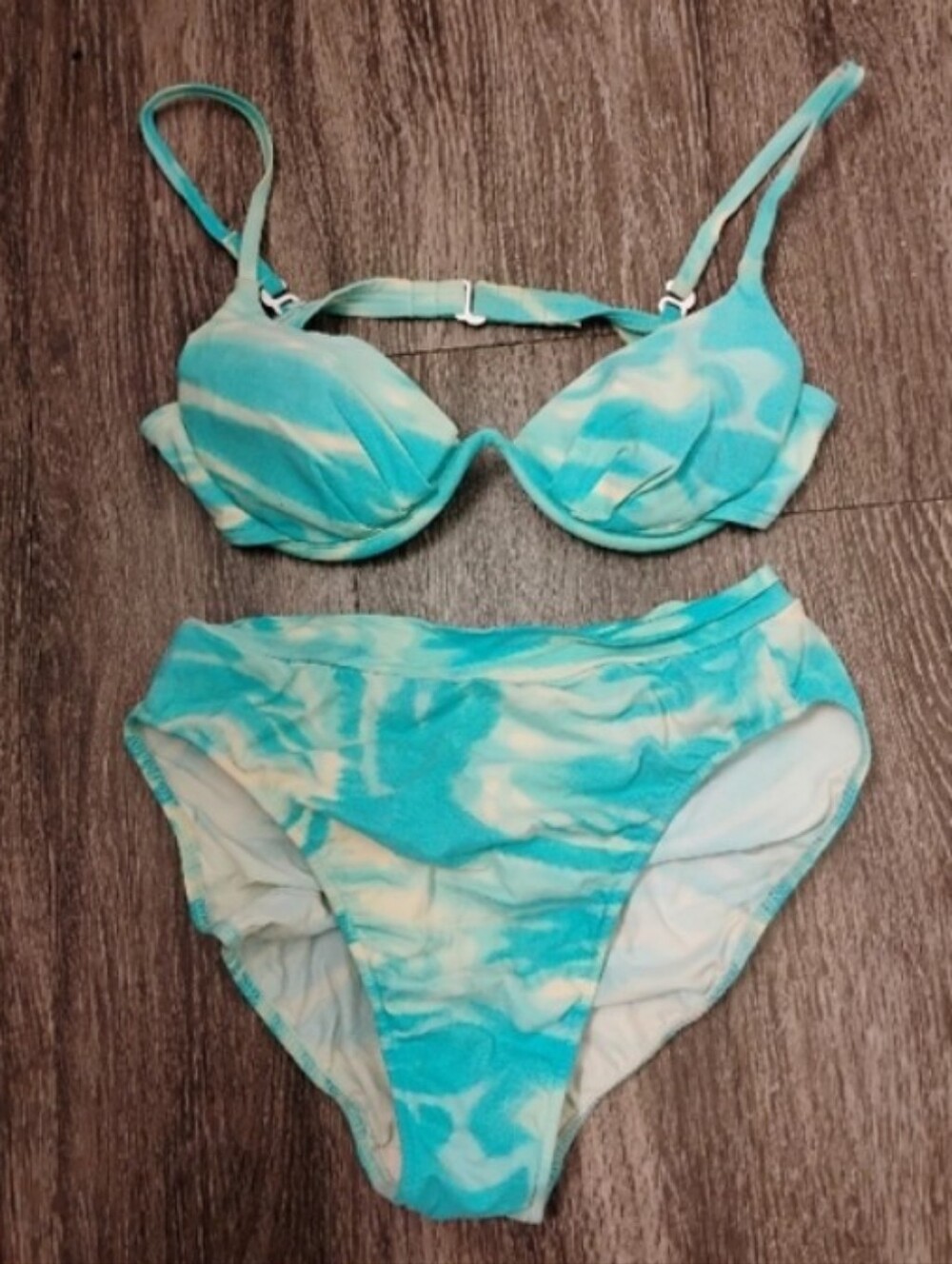 Vintage 1980s 1990s Ocean Marble Print High Leg Padded Bikini Set